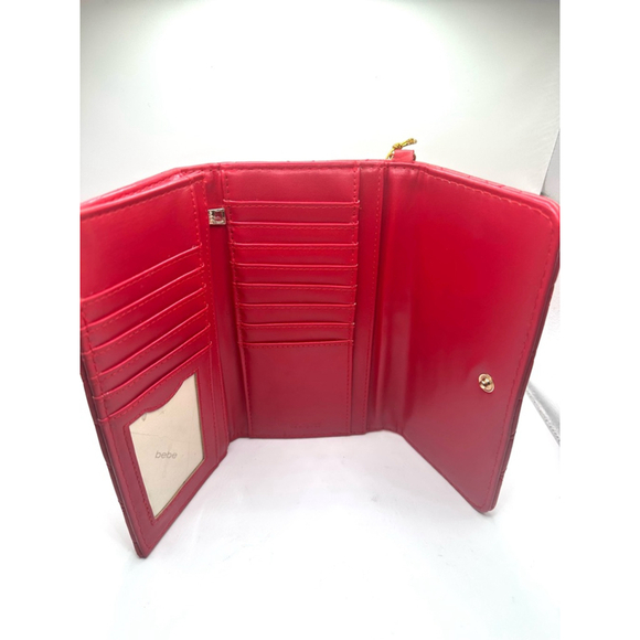 Bebe Red Quilted Wristlet Wallet gold hardware tri fold snap closure - Picture 7 of 9